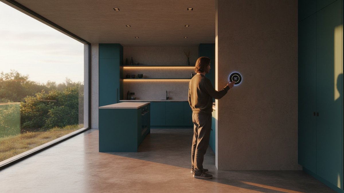 Personne réglant un thermostat dans une cuisine lumineuse