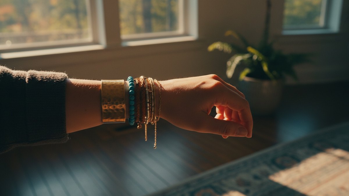 Poignet portant plusieurs bracelets de matières différentes