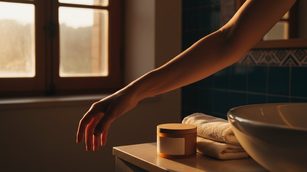 Personne appliquant un soin hydratant sur son avant-bras dans une salle de bain
