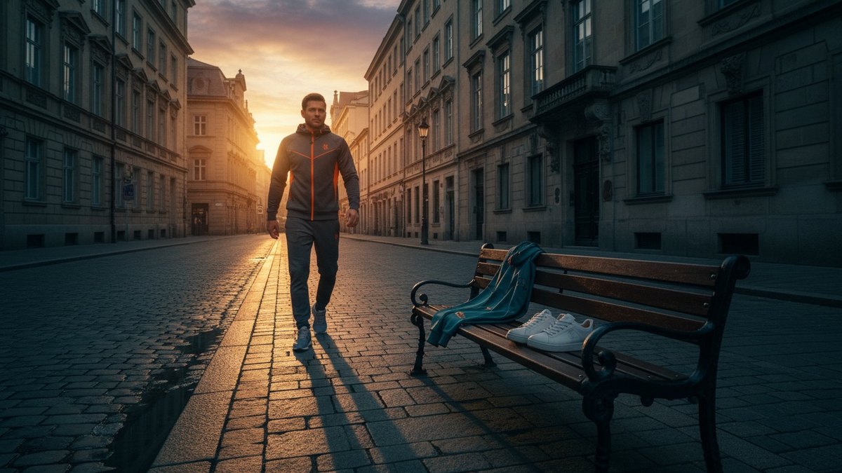Homme en survêtement moderne marchant dans une rue urbaine au matin