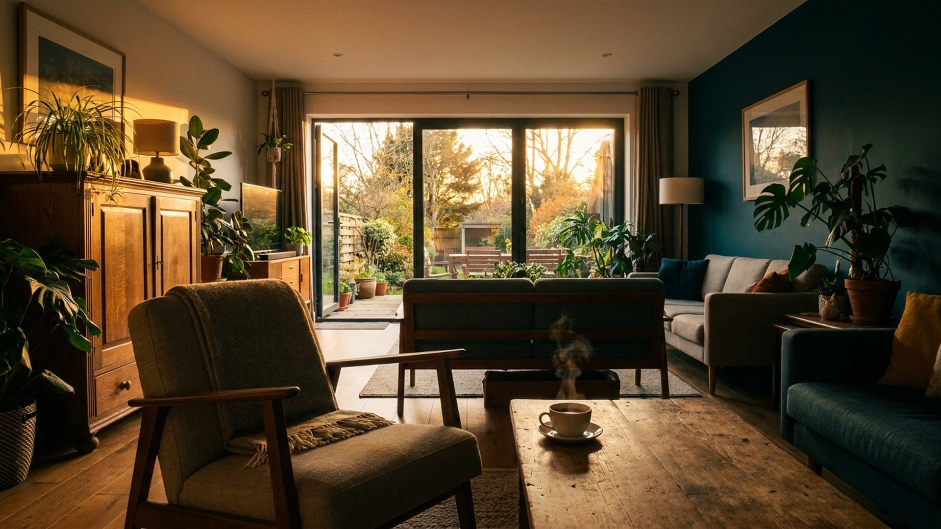 Salon lumineux ouvert sur une terrasse au soleil couchant, fauteuil en lin et tasse de thé sur une table basse